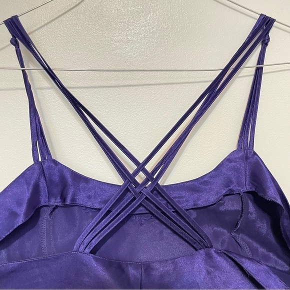 💫 Purple Beaded Satin Strappy Thigh Slit Crisscross Back Mini Slip Dress - Picture 2 of 6